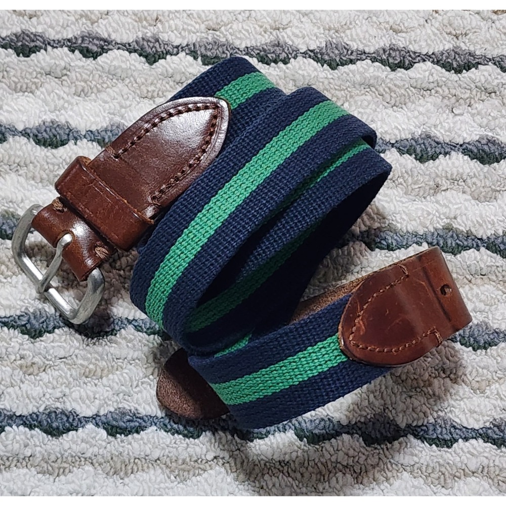 J. Crew Navy and Green Striped Woven Leather-Trim Belt